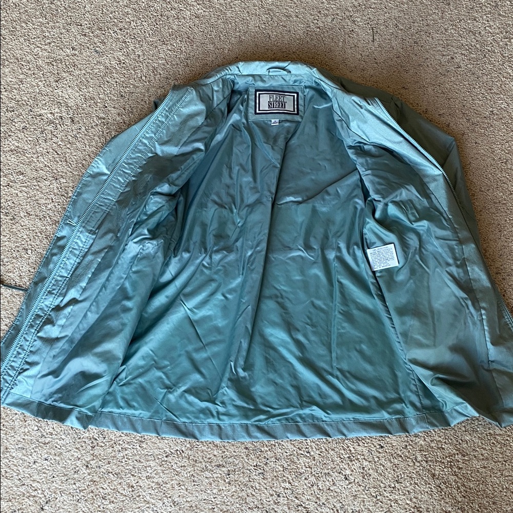 Vintage Fleet Street Teal Shimmer Trench Coat 80s Cinch Waist Jacket - Picture 5 of 8